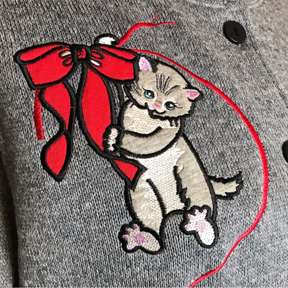 Vintage Holiday Embroidery Kitty Ugly Sweater Christmas Button Festive 90's Y2K - Picture 9 of 16